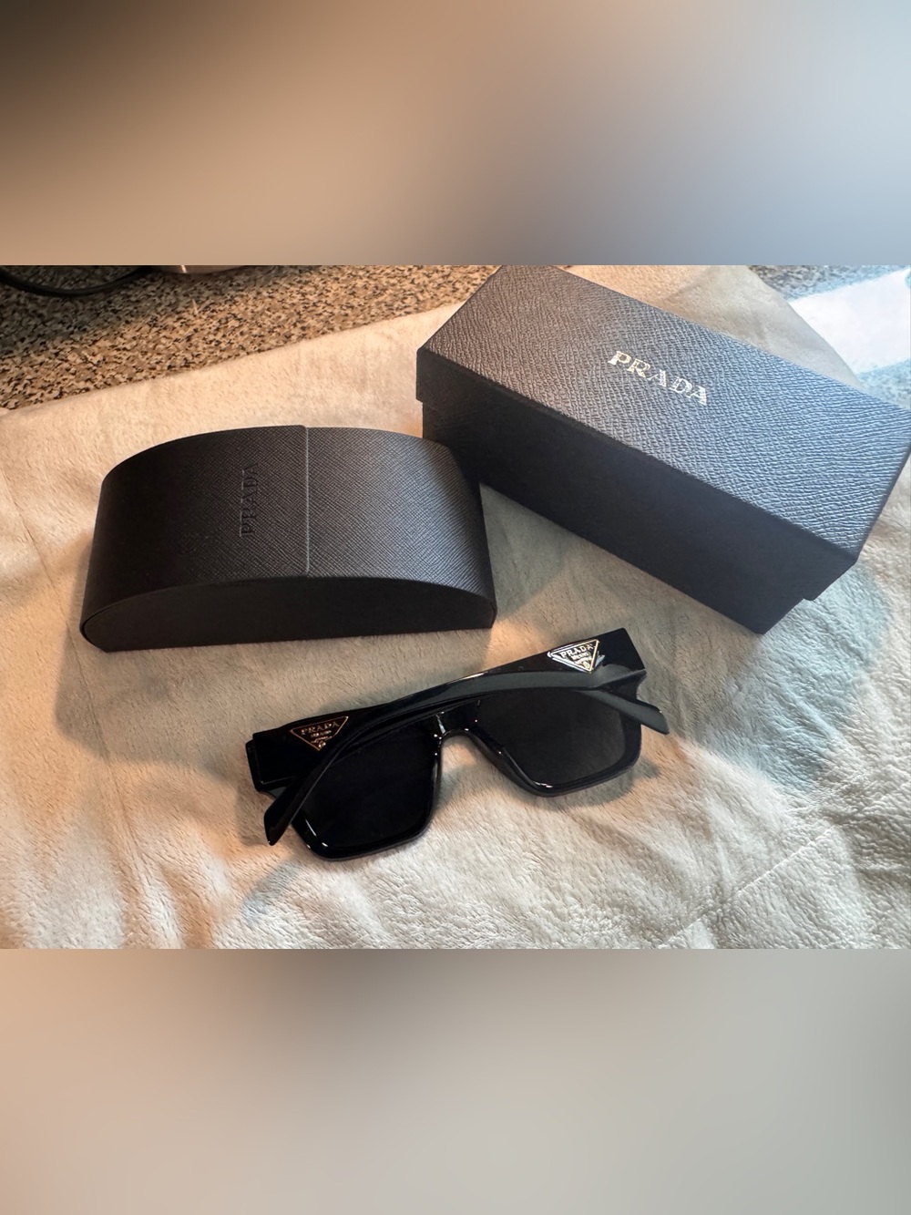 Prada Glossy Black Shield Sunglasses with Logo Triangles
